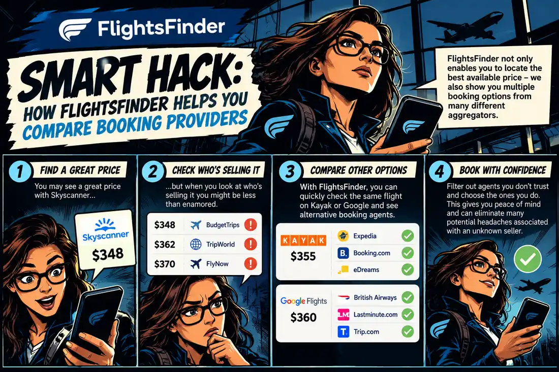 Click to open the 4-step gallery FlightsFinder Booking options