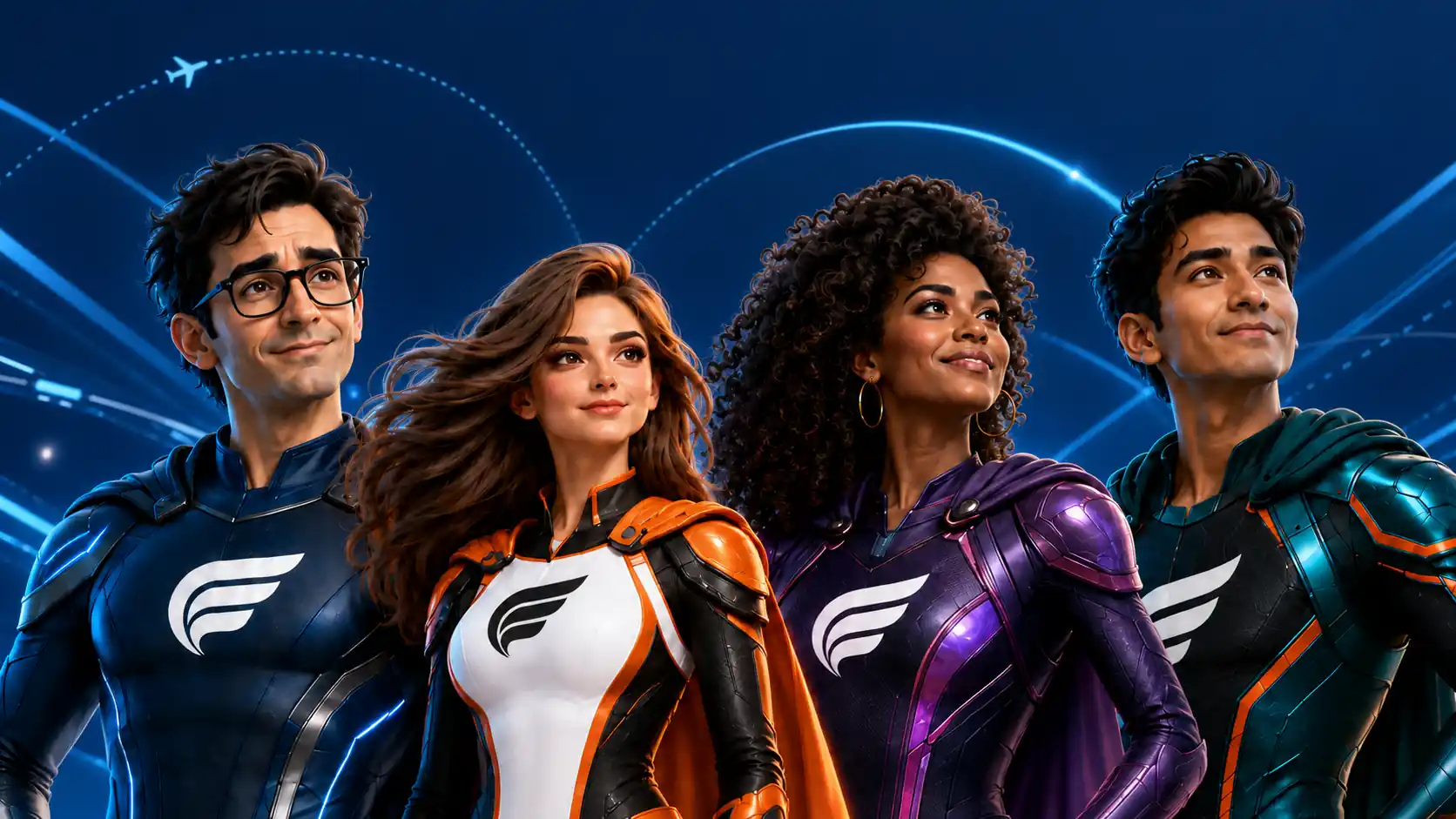 Marcus, Clara, Chloe and Leo—the FlightsFinder Supersearchers—standing together beneath the FlightsFinder logo