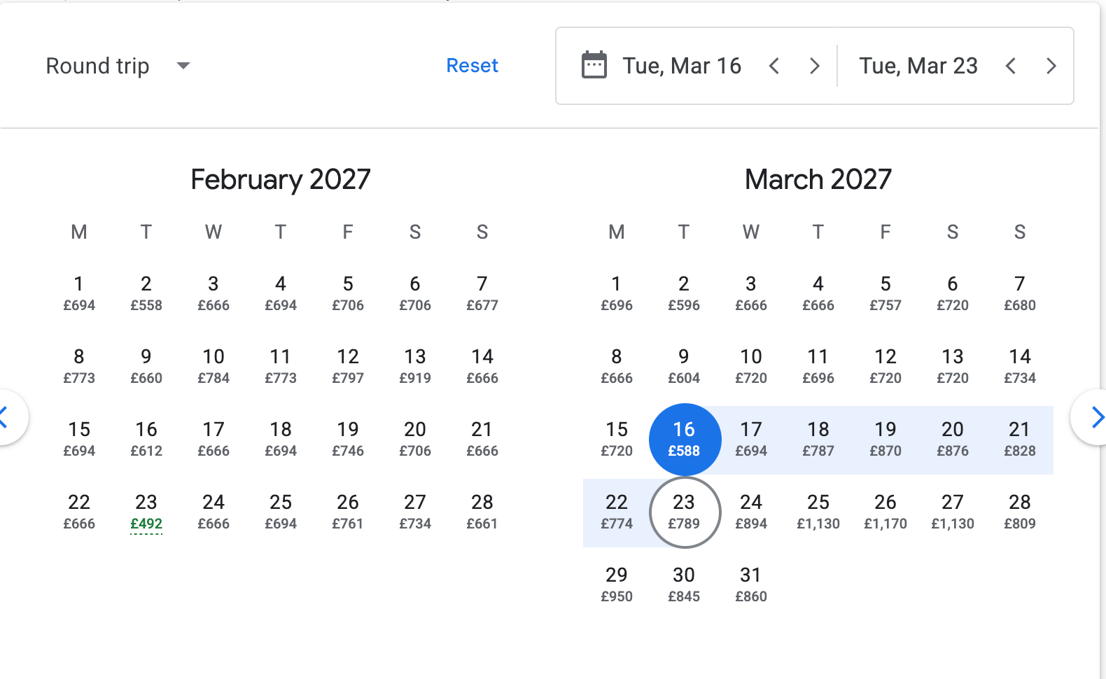 prefiltered calendar flights